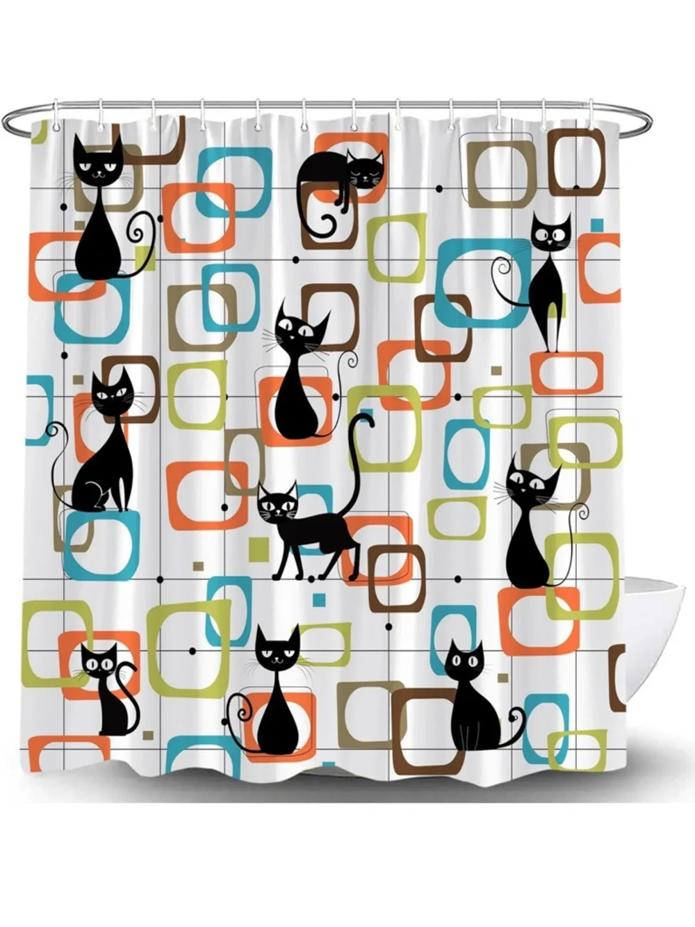 NEW Mid Century Modern Black Cat Geometric Shower Curtain - 70”x70” - Polyester